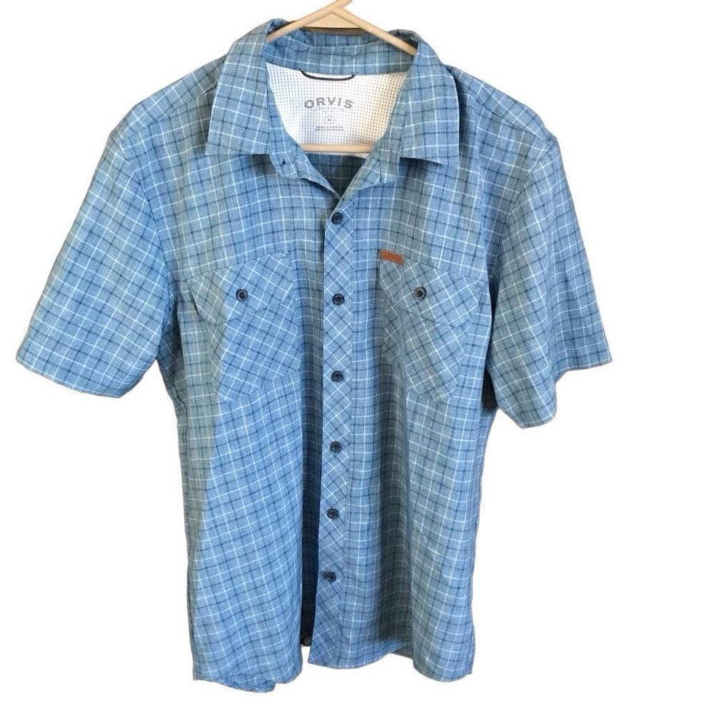 Orvis blue plaid men’s button down short sleeve shirt size Medium fishing